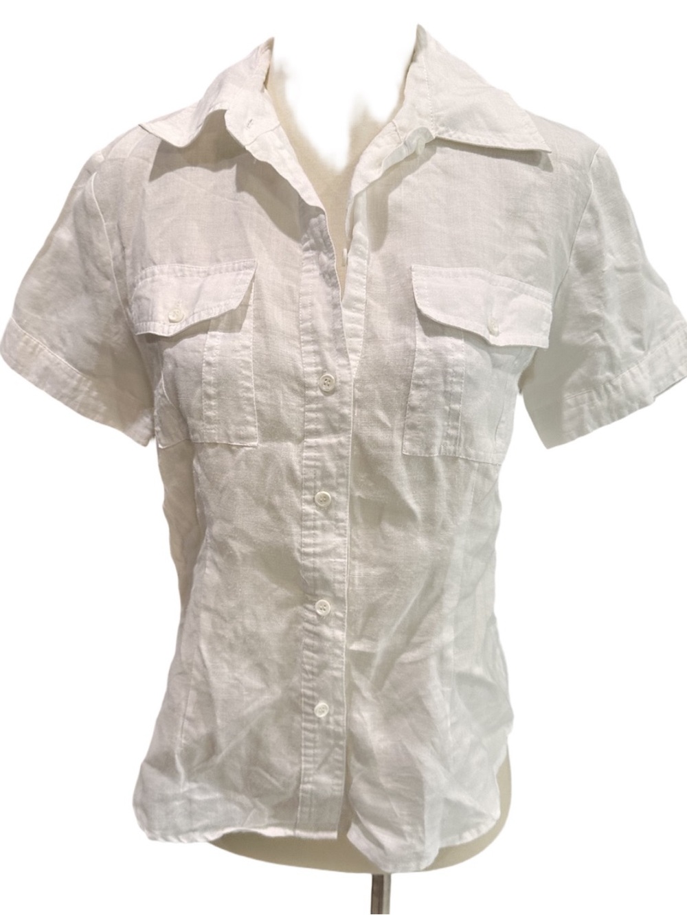 Allison Taylor 100% Linen s Classic White Button-Front Short Sleeve Women's Top